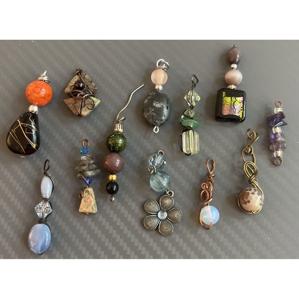 Lot of 12 Wire Wrapped  Pendants Gemstone Glass Beads Multi Colored